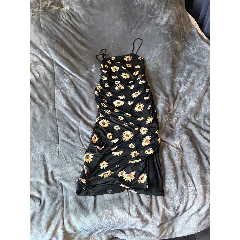Popular 21 Sunflower Print Ruched Midi Dress Black Yellow Bodycon Side Slit L